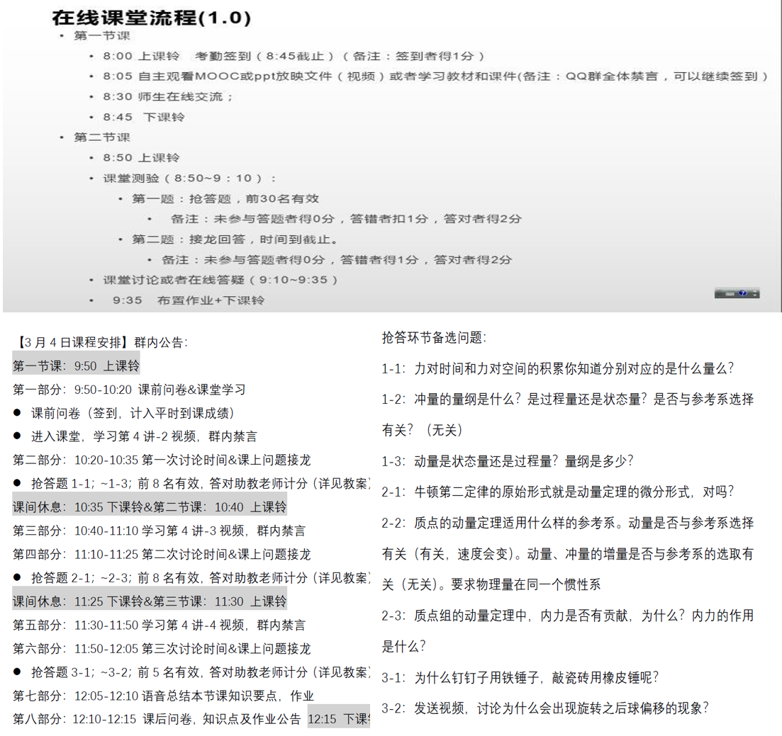 图5 在线课堂流程及部分课上讨论题目(资料来源:苟成玲老师、金硕老师)